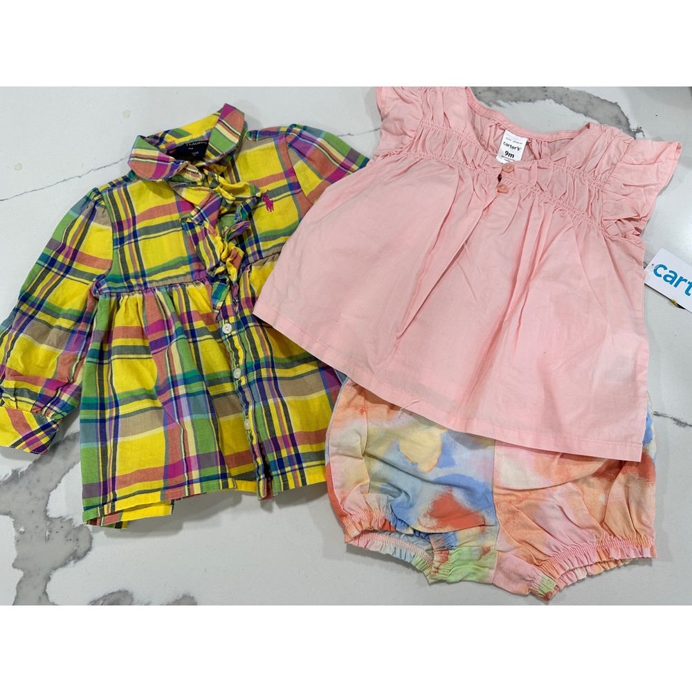 Ralph Lauren Plaid Shirt + Carter's Top & Shorts Set - Size 9M